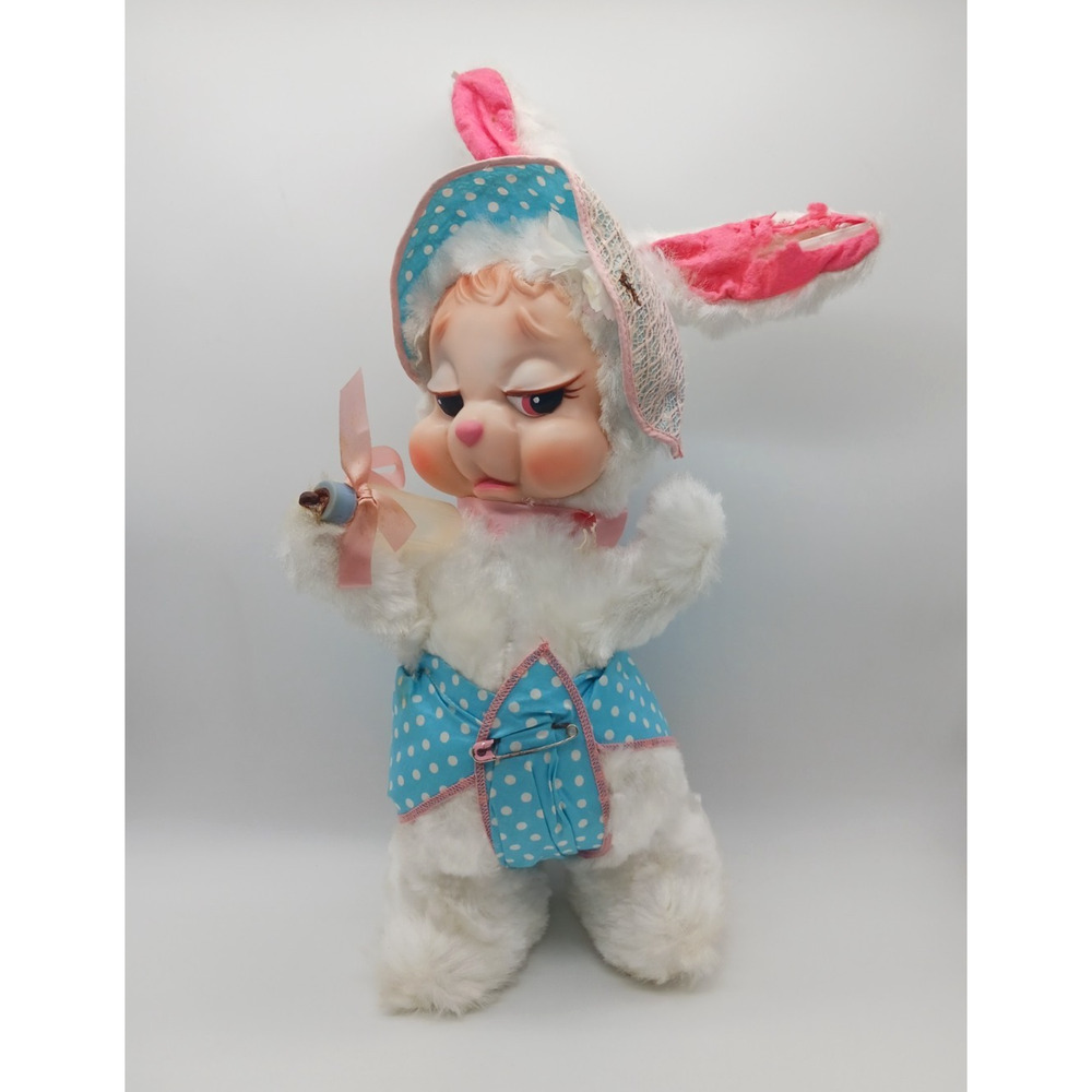 Vtg Rushton Rubber Face Pouting Sad White Bunny Rabbit Blue Diaper Bottle TLC